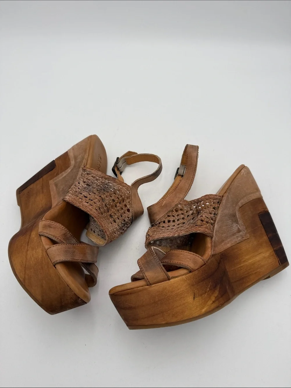 Anthropologie Bed Stu Petra Woven Leather Platform Wedge Sandals 11 Brown  Y2K